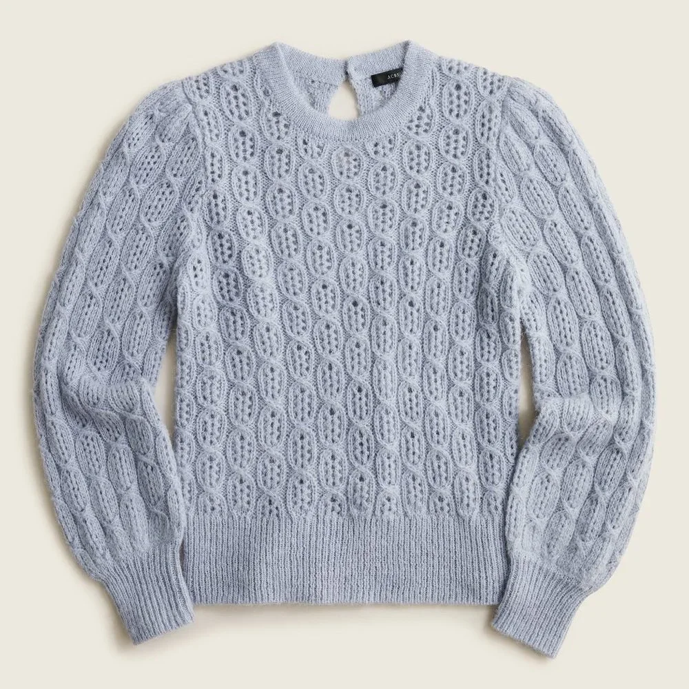 Womens Size Large J. Crew Blue Balloon Sleeve Alpaca Wool Cable Knit Sweater